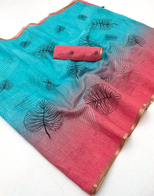 Beleaguer Sky and Pink Printed Cotton Silk Saree With Mellifluous Blouse Piece