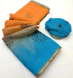 Radiant Orange and Blue Printed Cotton Silk Saree With Confounding Blouse Piece