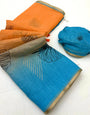 Radiant Orange and Blue Printed Cotton Silk Saree With Confounding Blouse Piece