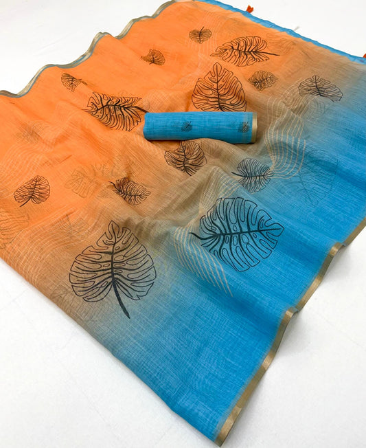 Radiant Orange and Blue Printed Cotton Silk Saree With Confounding Blouse Piece