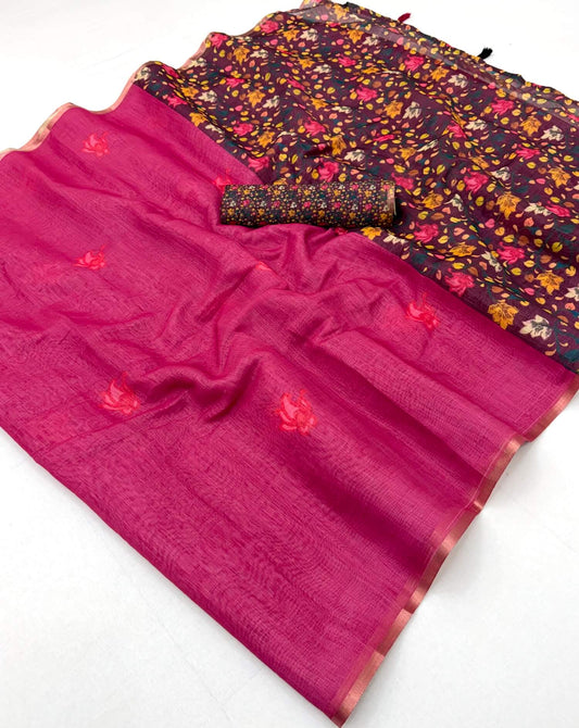 Desultory Dark Pink Printed Cotton Silk Saree With Fragrant Blouse Piece