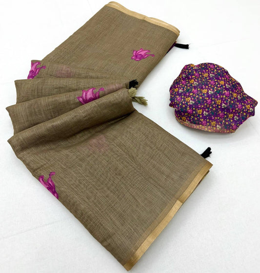 Artistic Dark Beige Printed Cotton Silk Saree With Nemesis Blouse Piece