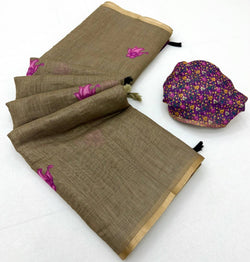 Artistic Dark Beige Printed Cotton Silk Saree With Nemesis Blouse Piece