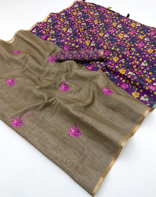 Artistic Dark Beige Printed Cotton Silk Saree With Nemesis Blouse Piece
