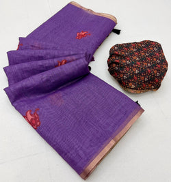 Bucolic Purple Printed Cotton Silk Saree With Moiety Blouse Piece