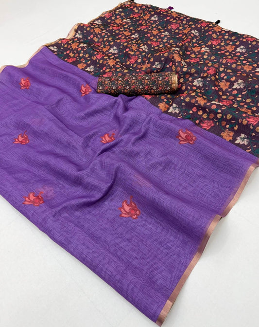 Bucolic Purple Printed Cotton Silk Saree With Moiety Blouse Piece