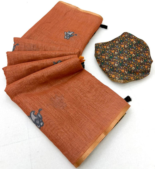 Glorious Orange Printed Cotton Silk Saree With Exuberant Blouse Piece