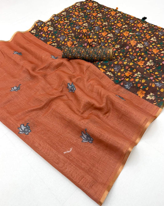Glorious Orange Printed Cotton Silk Saree With Exuberant Blouse Piece
