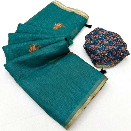 Adoring Rama Printed Cotton Silk Saree With Groovy Blouse Piece