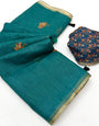 Adoring Rama Printed Cotton Silk Saree With Groovy Blouse Piece