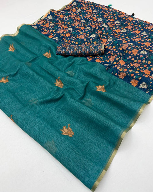 Adoring Rama Printed Cotton Silk Saree With Groovy Blouse Piece