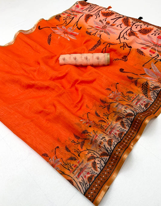 Exemplary Orange Printed Cotton Silk Saree With Redolent Blouse Piece