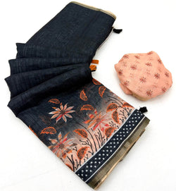 Pulsating Black Printed Cotton Silk Saree With Murmurous Blouse Piece