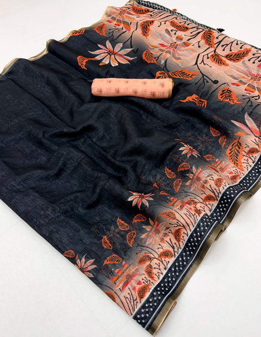 Pulsating Black Printed Cotton Silk Saree With Murmurous Blouse Piece