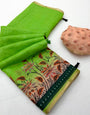 Glowing Parrot Printed Cotton Silk Saree With Intricate Blouse Piece