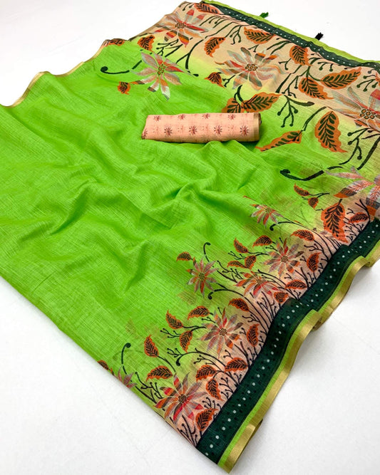 Glowing Parrot Printed Cotton Silk Saree With Intricate Blouse Piece