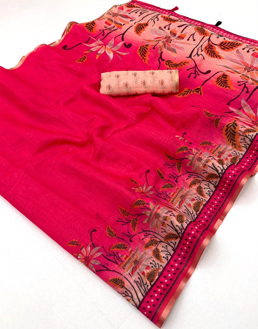 Piquant Dark Pink Printed Cotton Silk Saree With Ineffable Blouse Piece