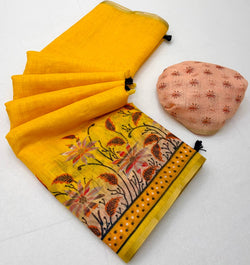 Effulgent Yellow Printed Cotton Silk Saree With Jubilant Blouse Piece