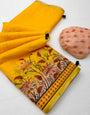 Effulgent Yellow Printed Cotton Silk Saree With Jubilant Blouse Piece
