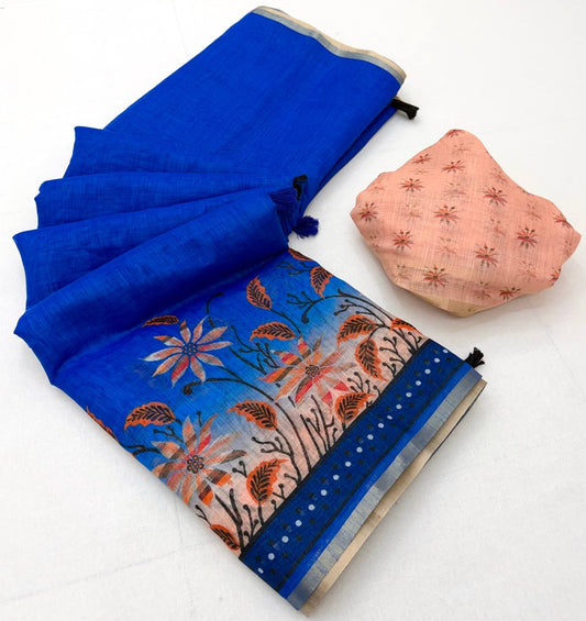 Epiphany Royal Blue Printed Cotton Silk Saree With Pleasant Blouse Piece