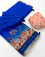 Epiphany Royal Blue Printed Cotton Silk Saree With Pleasant Blouse Piece