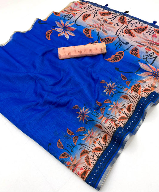 Epiphany Royal Blue Printed Cotton Silk Saree With Pleasant Blouse Piece