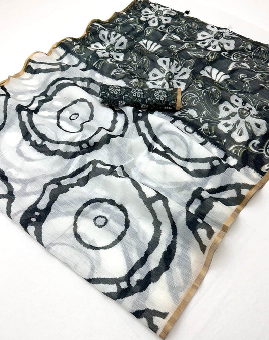 Fantabulous Off White Printed Cotton Silk Saree With Staggering Blouse Piece