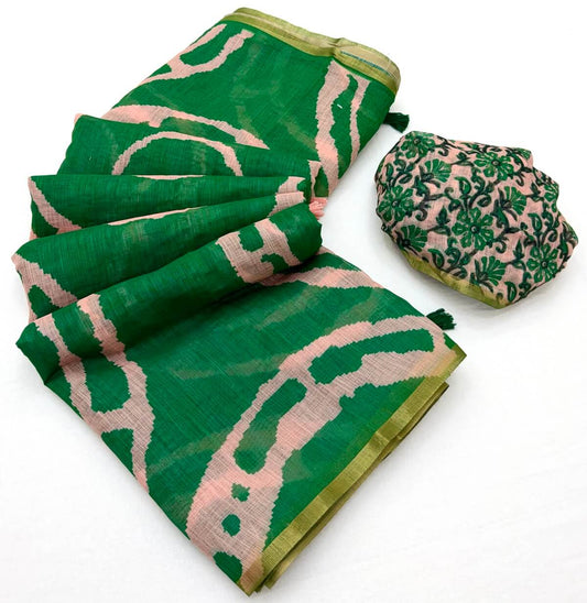 Elision Green Printed Cotton Silk Saree With Surreptitious Blouse Piece