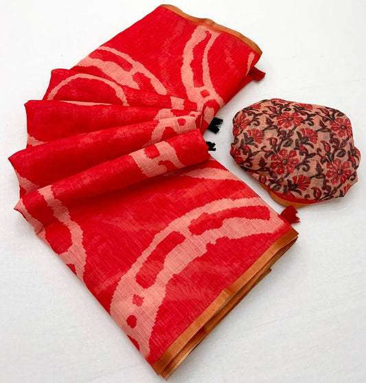 Embrocation Red Printed Cotton Silk Saree With Traditional Blouse Piece