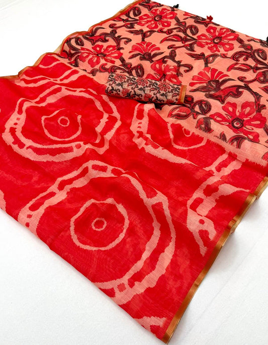 Embrocation Red Printed Cotton Silk Saree With Traditional Blouse Piece