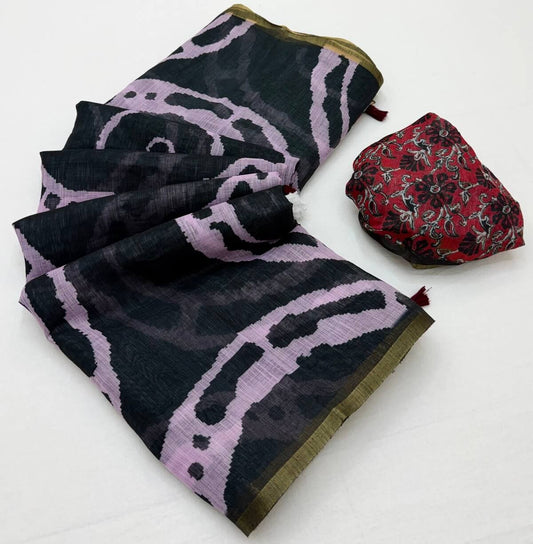 Fugacious Black Printed Cotton Silk Saree With Lustrous Blouse Piece