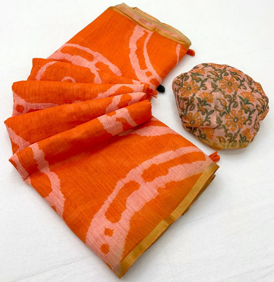 Fancifull Orange Printed Cotton Silk Saree With Wonderful Blouse Piece