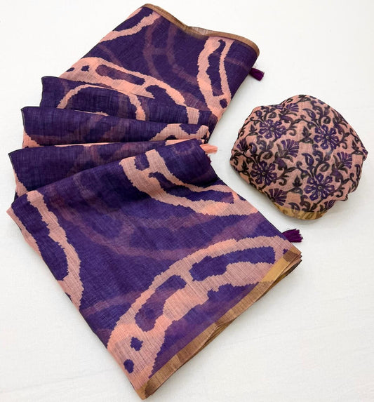 Hypnotic Purple Printed Cotton Silk Saree With Designer Blouse Piece