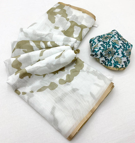 Nectarous Off White Printed Cotton Silk Saree With Classic Blouse Piece