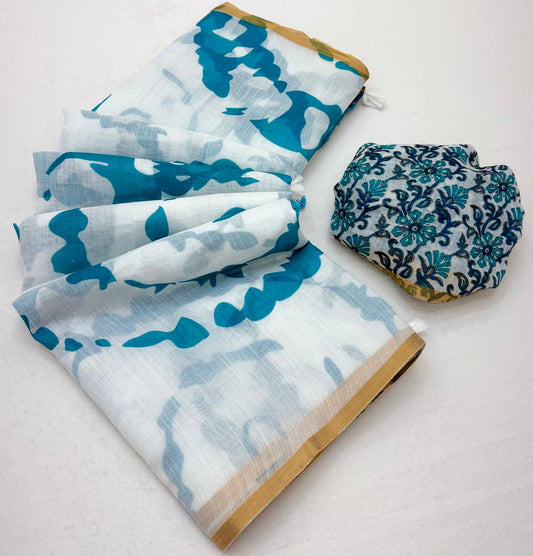 Precious Off White Printed Cotton Silk Saree With Mesmeric Blouse Piece