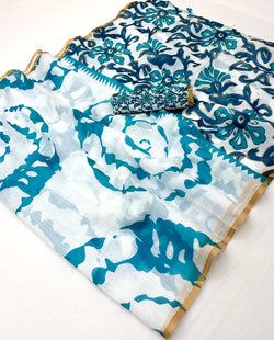 Precious Off White Printed Cotton Silk Saree With Mesmeric Blouse Piece
