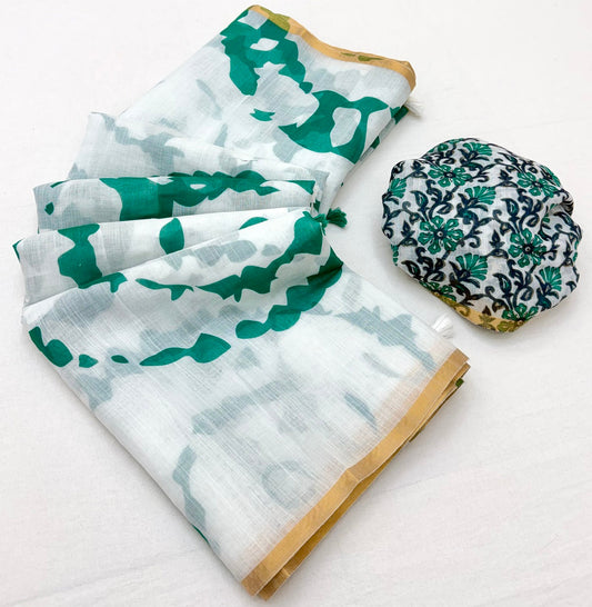 Exceptional Off White Printed Cotton Silk Saree With Jubilant Blouse Piece