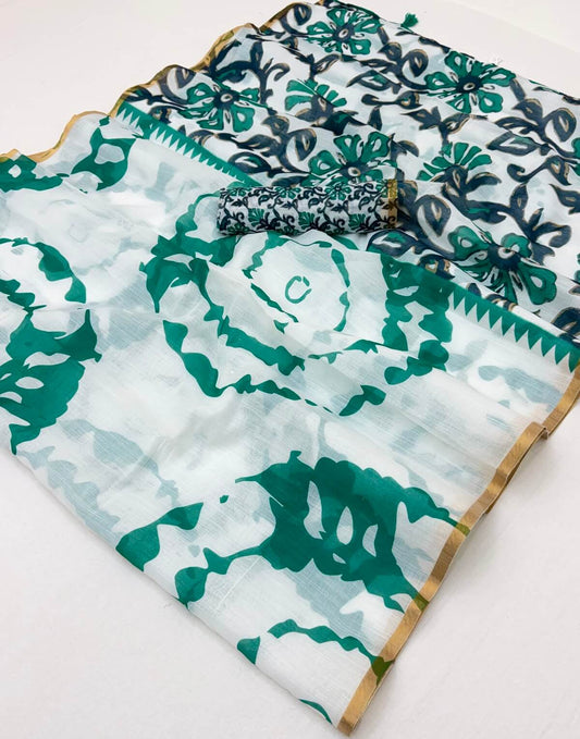 Exceptional Off White Printed Cotton Silk Saree With Jubilant Blouse Piece