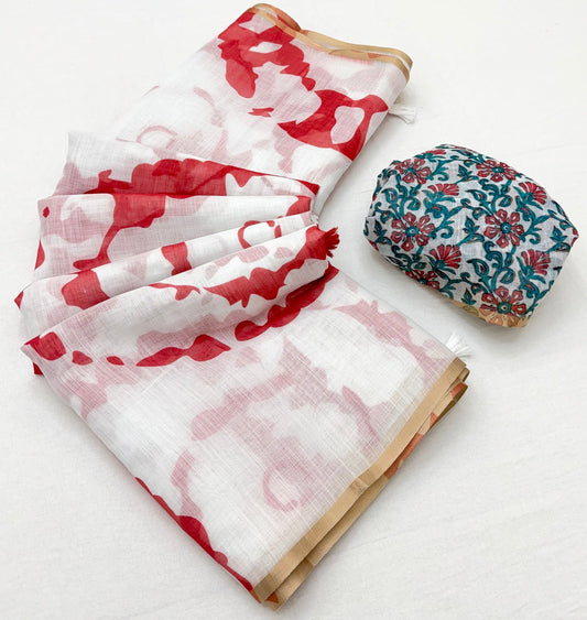 Gleaming Off White Printed Cotton Silk Saree With Flattering Blouse Piece
