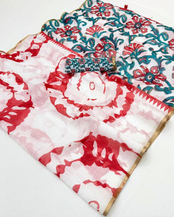 Gleaming Off White Printed Cotton Silk Saree With Flattering Blouse Piece