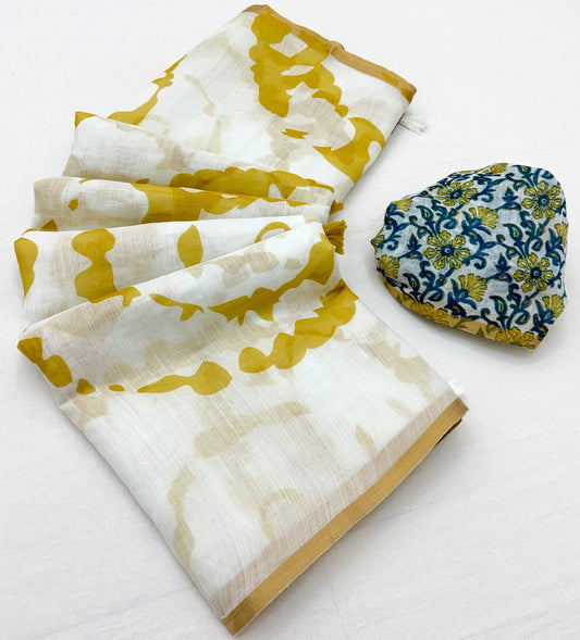 Winsome Off White Printed Cotton Silk Saree With Ideal Blouse Piece