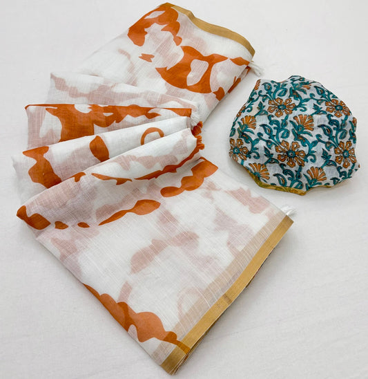 Jazzy Off White Printed Cotton Silk Saree With Desiring Blouse Piece