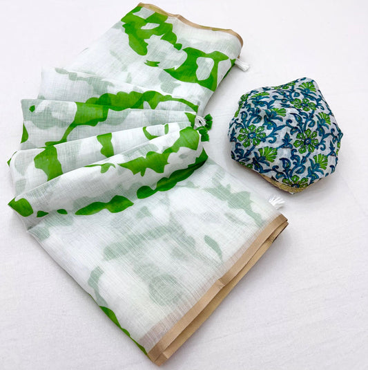 Incredible Off White Printed Cotton Silk Saree With Pleasurable Blouse Piece