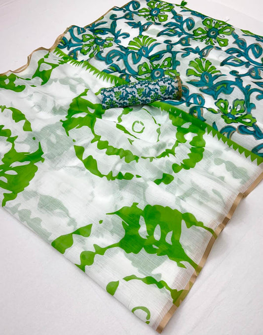 Incredible Off White Printed Cotton Silk Saree With Pleasurable Blouse Piece
