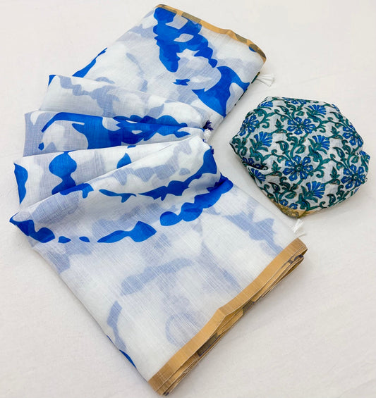 Devastating Off White Printed Cotton Silk Saree With Epiphany Blouse Piece