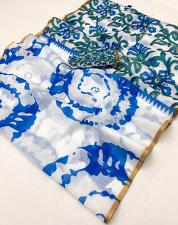 Devastating Off White Printed Cotton Silk Saree With Epiphany Blouse Piece