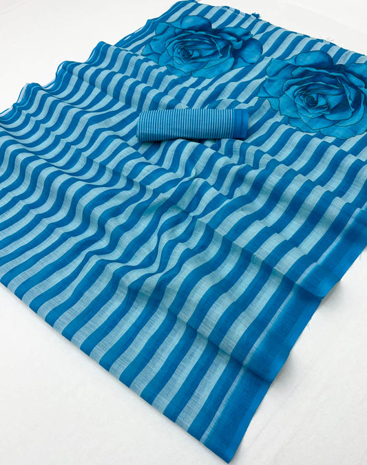 Enchanting Blue Printed Cotton Silk Saree With Fairytale Blouse Piece