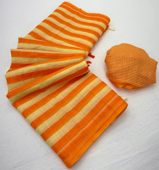 Conflate Orange Printed Cotton Silk Saree With Glowing Blouse Piece
