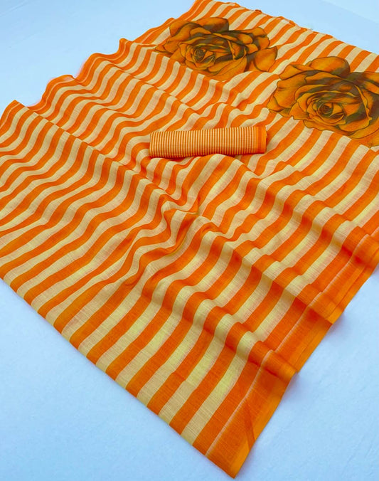 Conflate Orange Printed Cotton Silk Saree With Glowing Blouse Piece