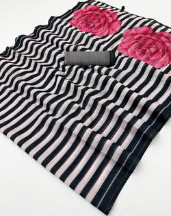Sizzling Black Printed Cotton Silk Saree With Adorning Blouse Piece